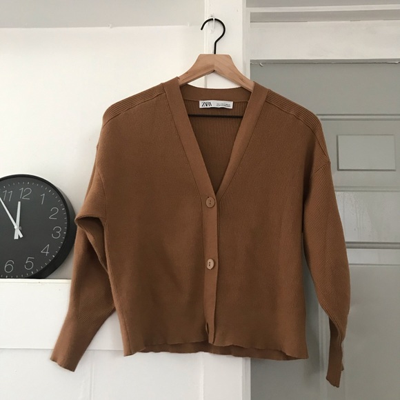 Zara Sweaters - ZARA Camel Oversized Ribbed Cropped Cardigan